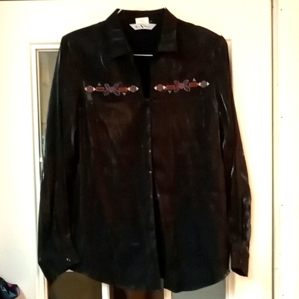 Vintage shiny black with embroidery long sleeve blouse